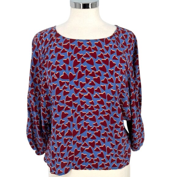 Maeve Anthropologie Blue Hearts Silk Blouse Kimono Style Size Small - Picture 1 of 14